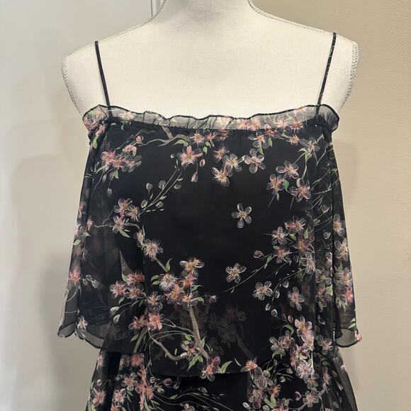 VTG 60-70s Black Chiffon Tiered Midi Dress Pink Floral Coquette Fairy Cottage XS - Picture 4 of 12